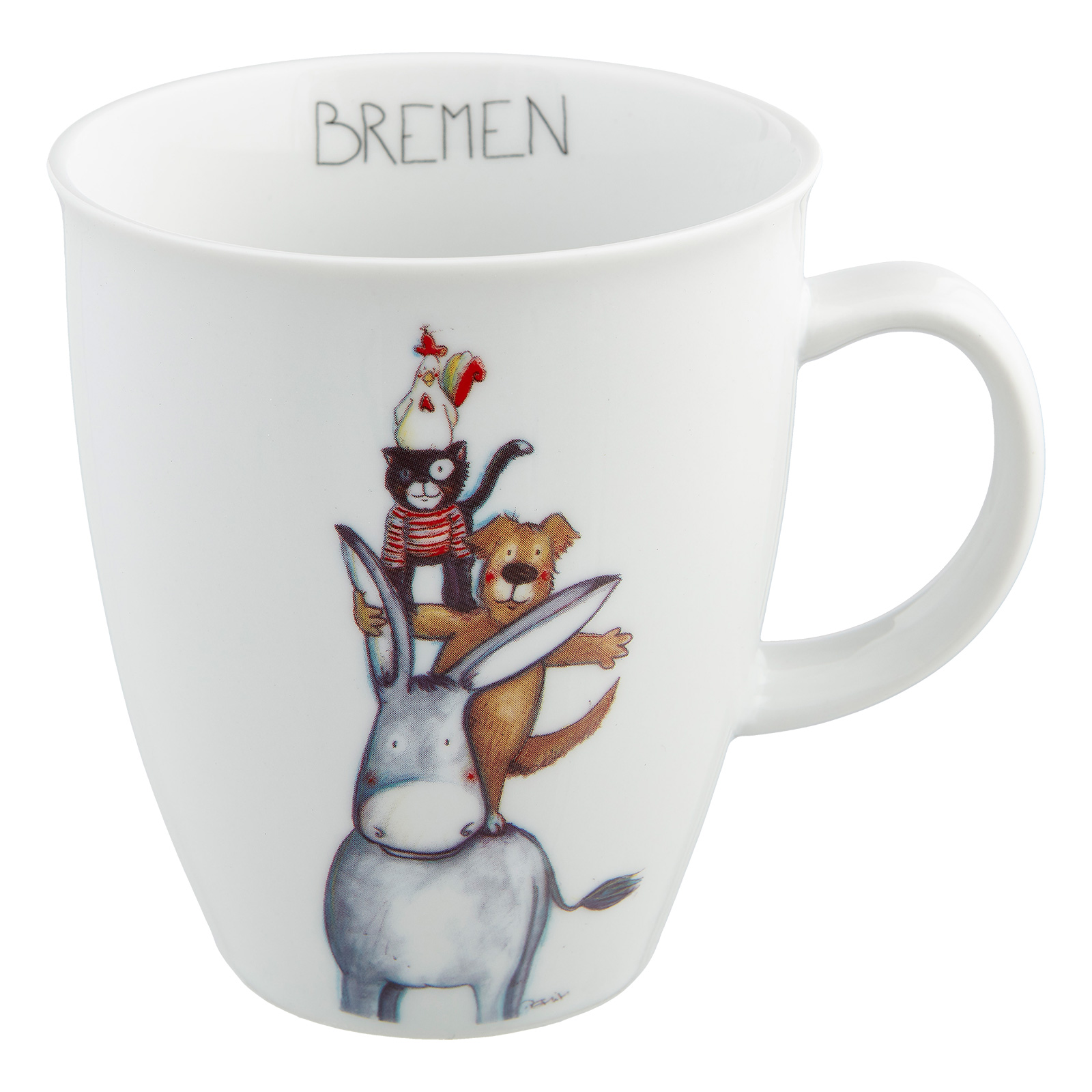 Porzellanbecher mit Bremer Stadtmusikanten-Motiv bunt