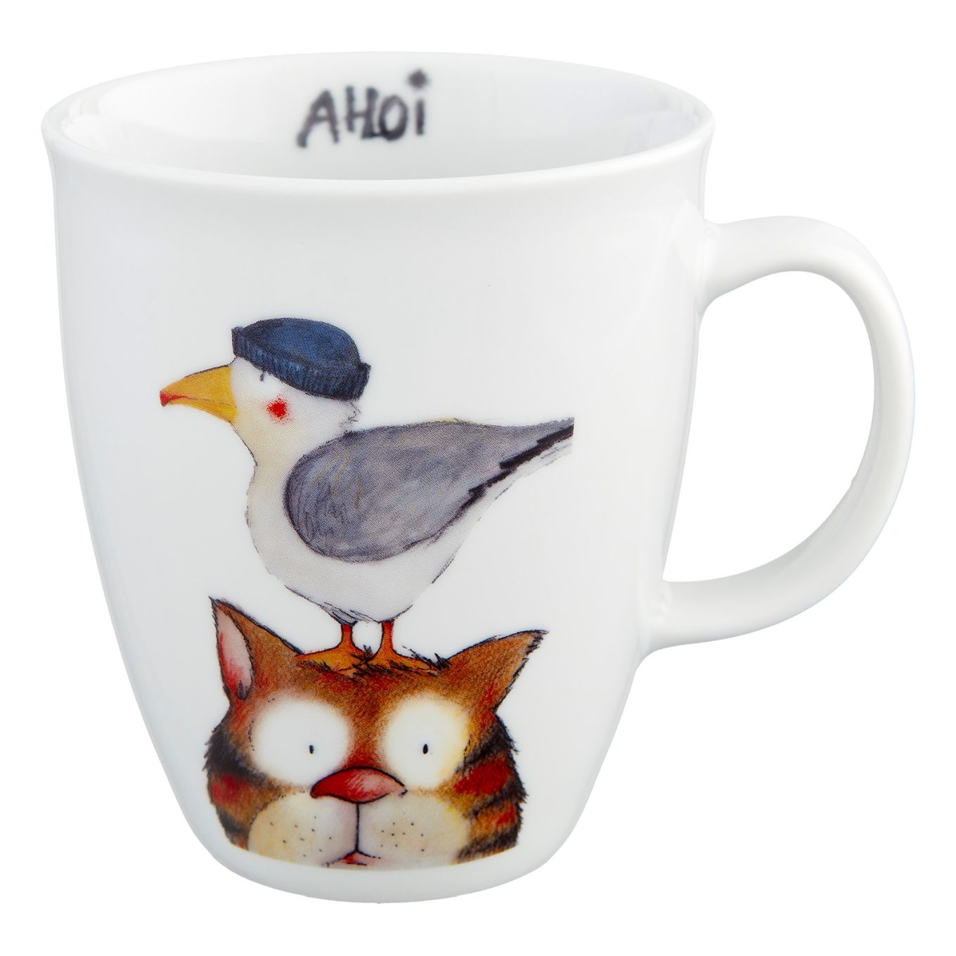 Porzellanbecher Motiv Möwe und Katze Ahoi