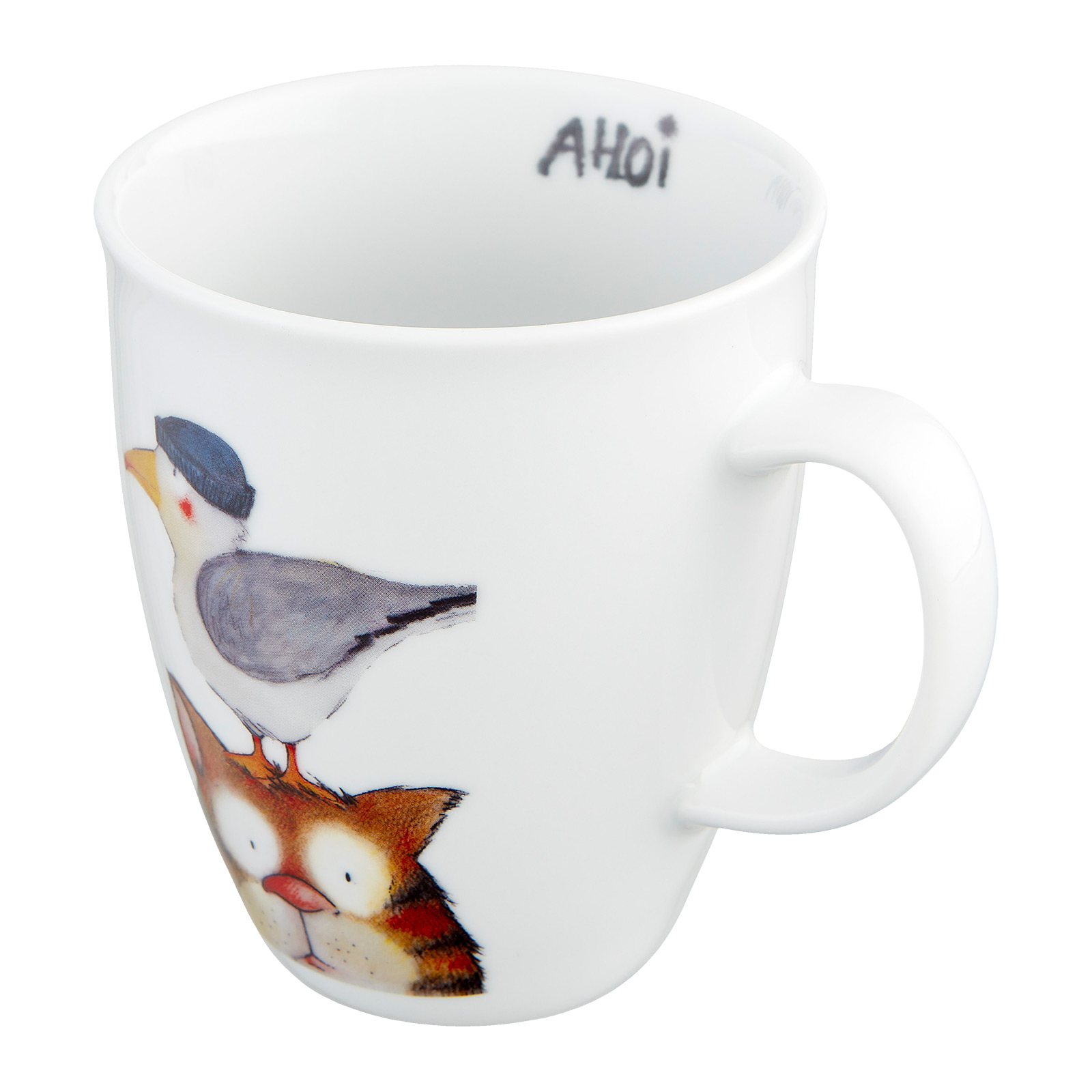 Porzellanbecher Motiv Möwe und Katze Ahoi